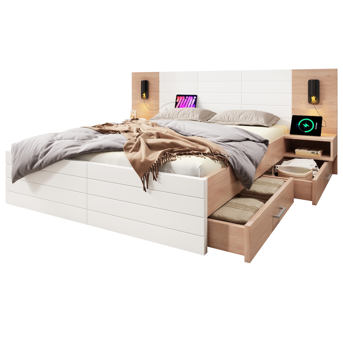 OKWISH Doppelbett 140 × 200 cm mit 2 Schubladen, Kopfteil Leselicht mit USB Ladefunktion, modernes Bettgestell inkl. 2 Nachtkommoden, Eiche/Weiß Image