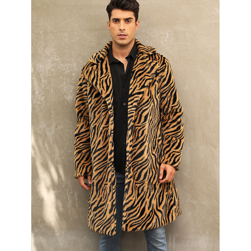 Men's Winter Coat Fur Coat Coat Vacation Casual Winter Polyester Soft Outdoor Outerwear Clothing Apparel Warm Ups Comfort Leopard Pocket Lapel