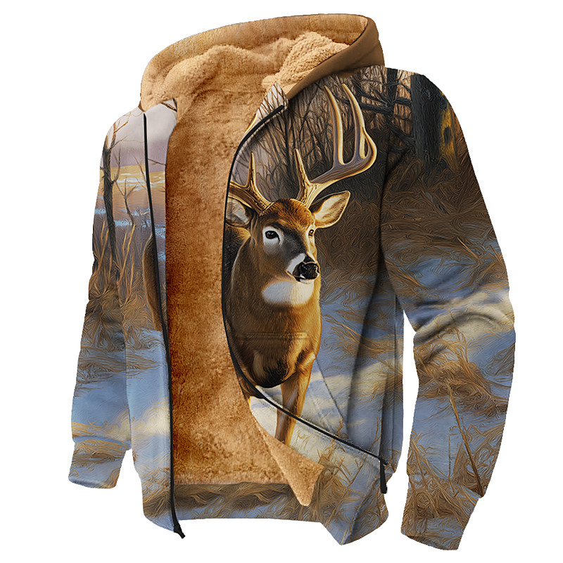 Men's Camouflage Deer Fleece Hoodie Jacket Sweatshirt Classic Military Hunting Long Sleeve Crew Neck Outdoor Camping Brown Light Grey Brown 2 Gray Gray 2 Zip Up Fall Winter Designer S M L XL 2XL 3XL