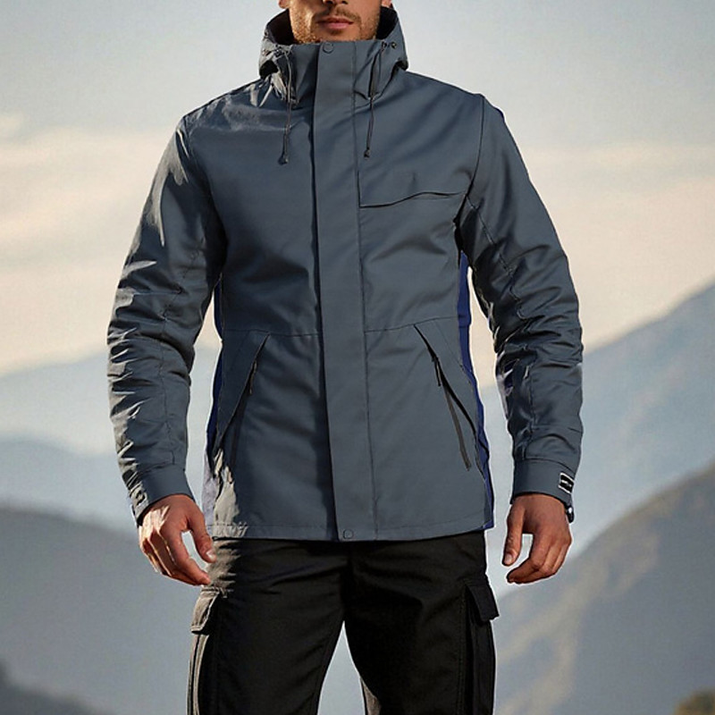 Men's Outdoor Jacket Raincoat Hiking Jacket Daily Hiking Windproof Rainproof Pocket Spring Fall Plain Fashion Classic Hooded Regular Red Orange Green Beige Gray Jacket