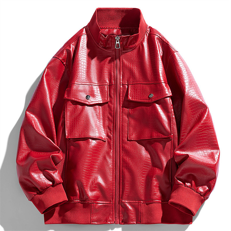 Men's Faux Leather Jacket Biker Jacket Motorcycle Jacket Vacation Daily Windproof Pocket Spring Fall Plain Fashion Classic Stand Collar Regular Black Red Jacket