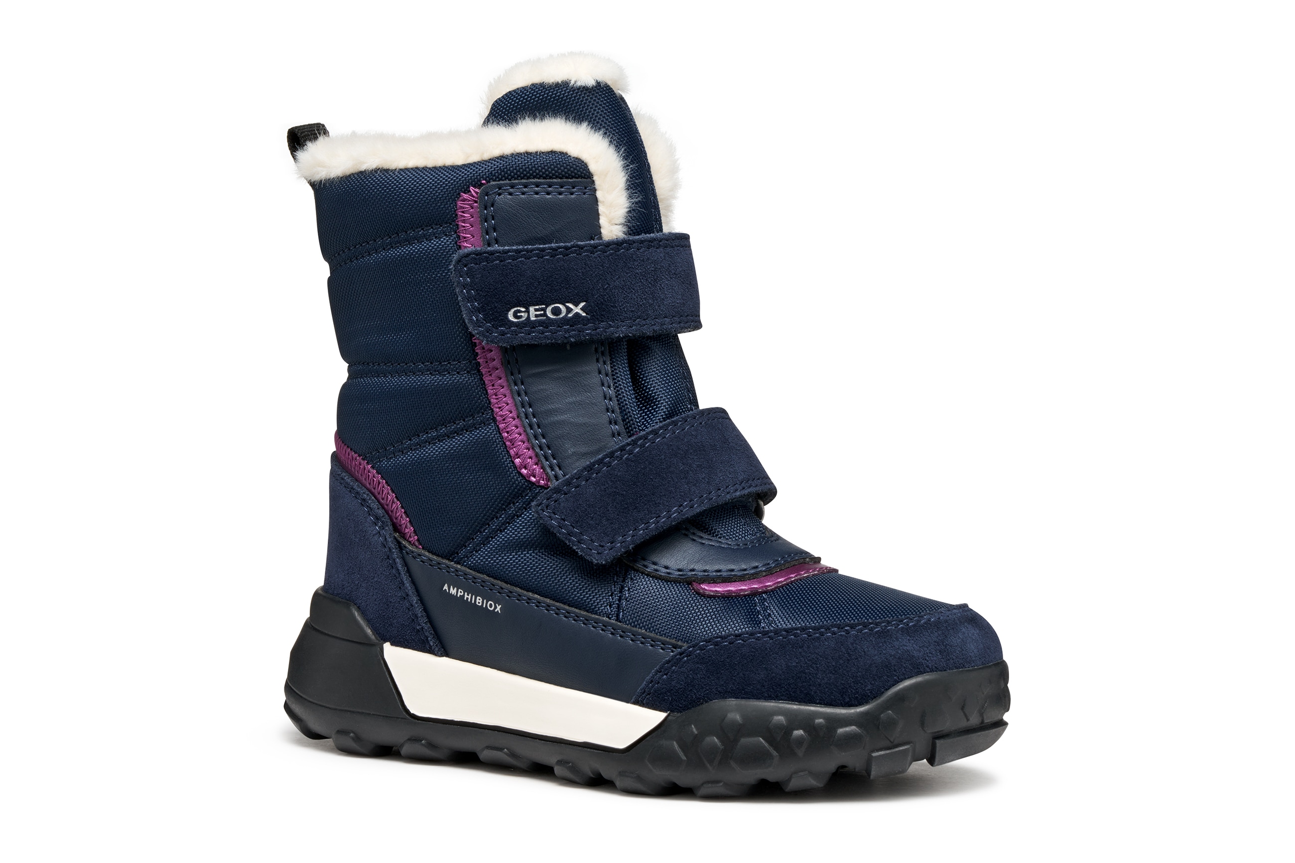 Winterboots GEOX "J TREKKYUP GIRL B AB", Mädchen, Gr. 33, blau (navy, lila), Leder, Textil, Schuhe Winterboots, Klettstiefel mit Warmfutter, Größenschablone zum Download