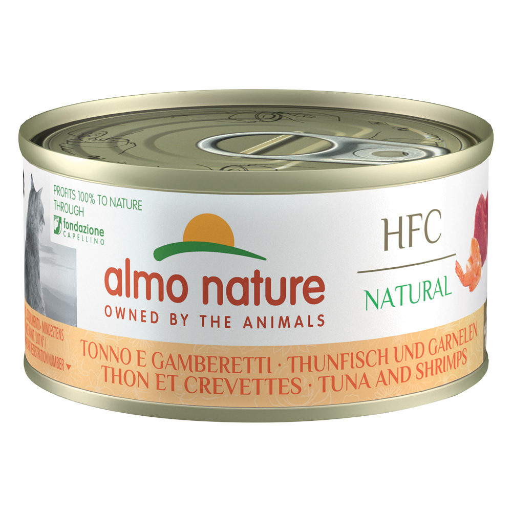 Prezzo speciale! 6 x 70 g Almo Nature HFC Natural + 6 x 50 g Hydration Help Umido gatto - 6 x 70 g Tonno e Gamberetti Natural + 6 x 50 g Brodo di Salmone con Filetto di Salmone Hydration Help