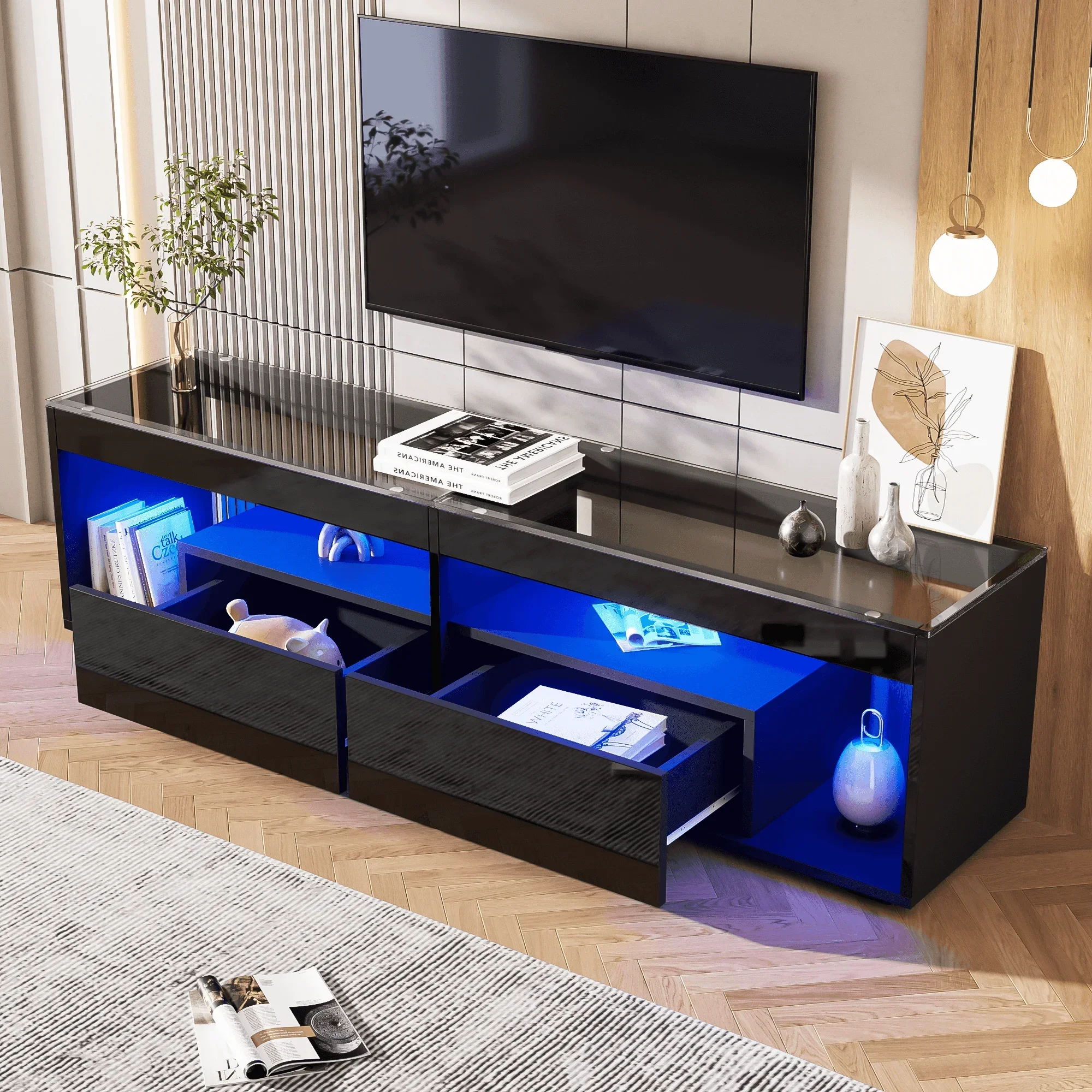 Hochglanz-LED-TV-Ständer, bietet Platz für Fernseher bis zu 70 Zoll mit 2 Schubladen, Konsolentisch für Wohnzimmer und Schlafzimmer, schwarz