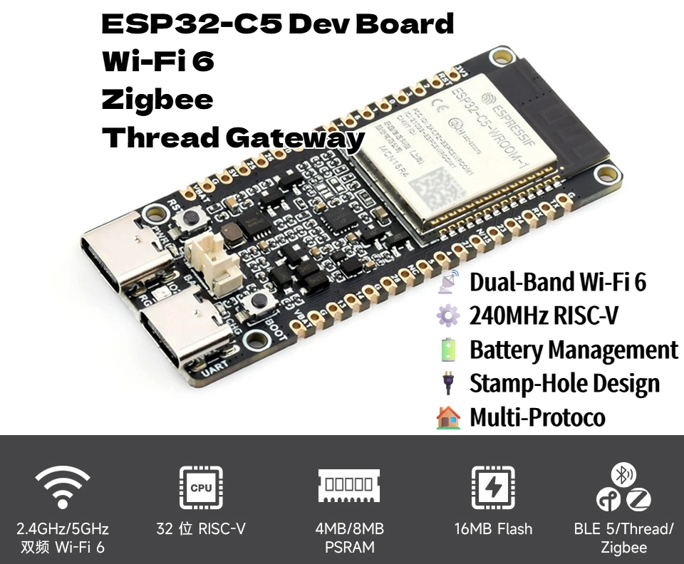 ESP32-C5 Dual-Band Wi-Fi 6 & BLE 5 Entwicklungsboard, Zigbee/Thread Gateway, 16 MB Flash, 8 MB PSRAM, Typ-C, für IoT Hub Image