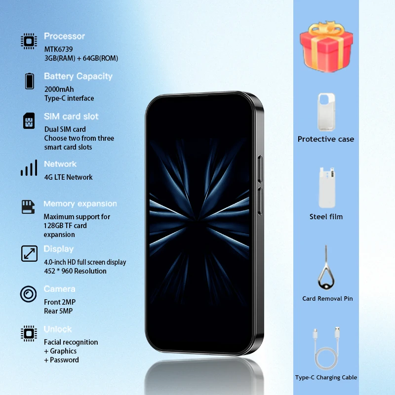 ONEMYTH M17 Pro Android 12 Mini Phone, 4G Dual SIM Smartphone, 2+16GB/3+64GB, 4.0-inch, Compact Pocket Phone, Children's Gift