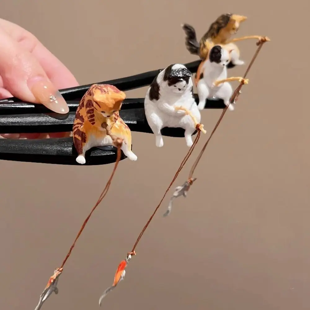 Süße Katze Angeln Holz Haarstab Schwarz Sandelholz Chinesischen Stil Hanfu Haarnadel Haar Essstäbchen Hanfu Kopfbedeckung für Frauen Image