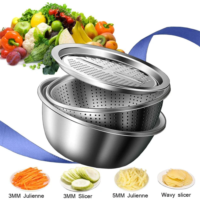 3 in 1 Gemüses ch neider Cutter Abfluss korb Edelstahl Gemüse Julienne Reibe Salat Maker Schüssel Küchen zubehör Image