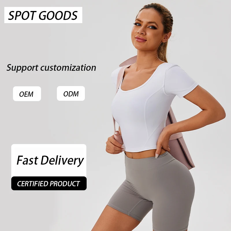 High Quality Fitness Running Sport Low Neck Solid Color Short Sleeves Crop Yoga Sports T Shirt Women Hot Clothes Workout Tops