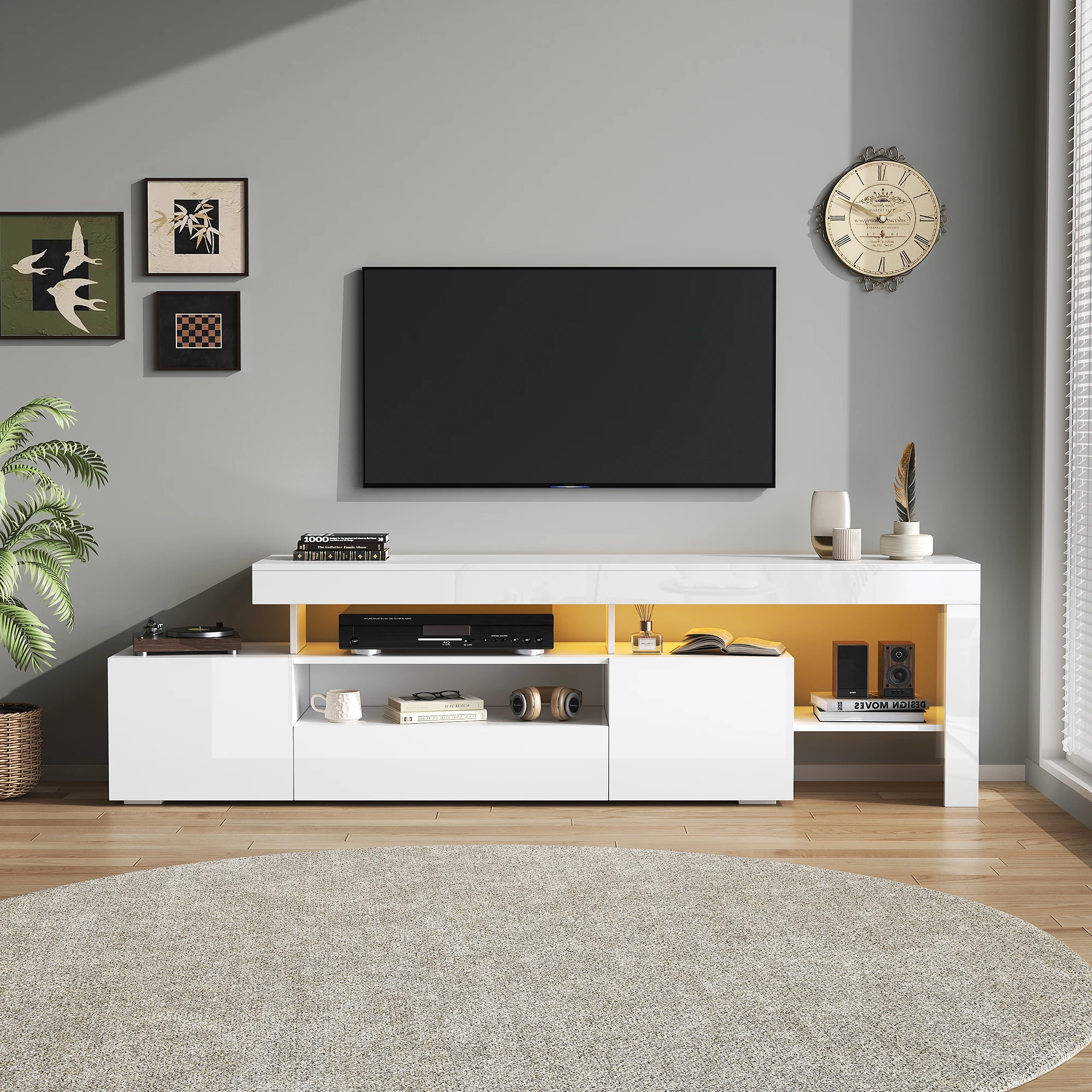 Meuble TV 192*37*53cm avec 3 armoires, meuble TV et meuble TV avec LED, panneau bas brillant et table TV, panneau TV et coffre TV