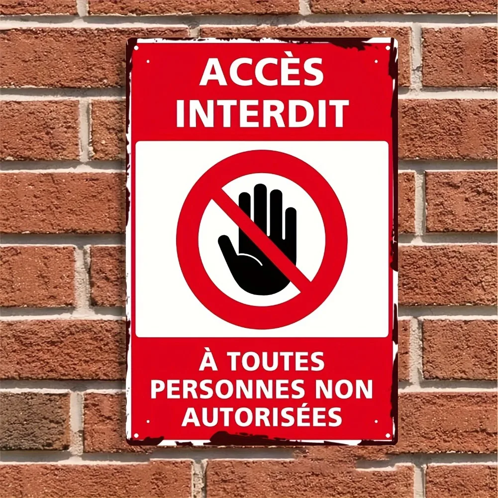 2D Flat, Vintage Metal No Entry Sign – Französischer Text „Access Restricted – Entry Forbidden“ – Heavy-Duty Red & White Prohibition