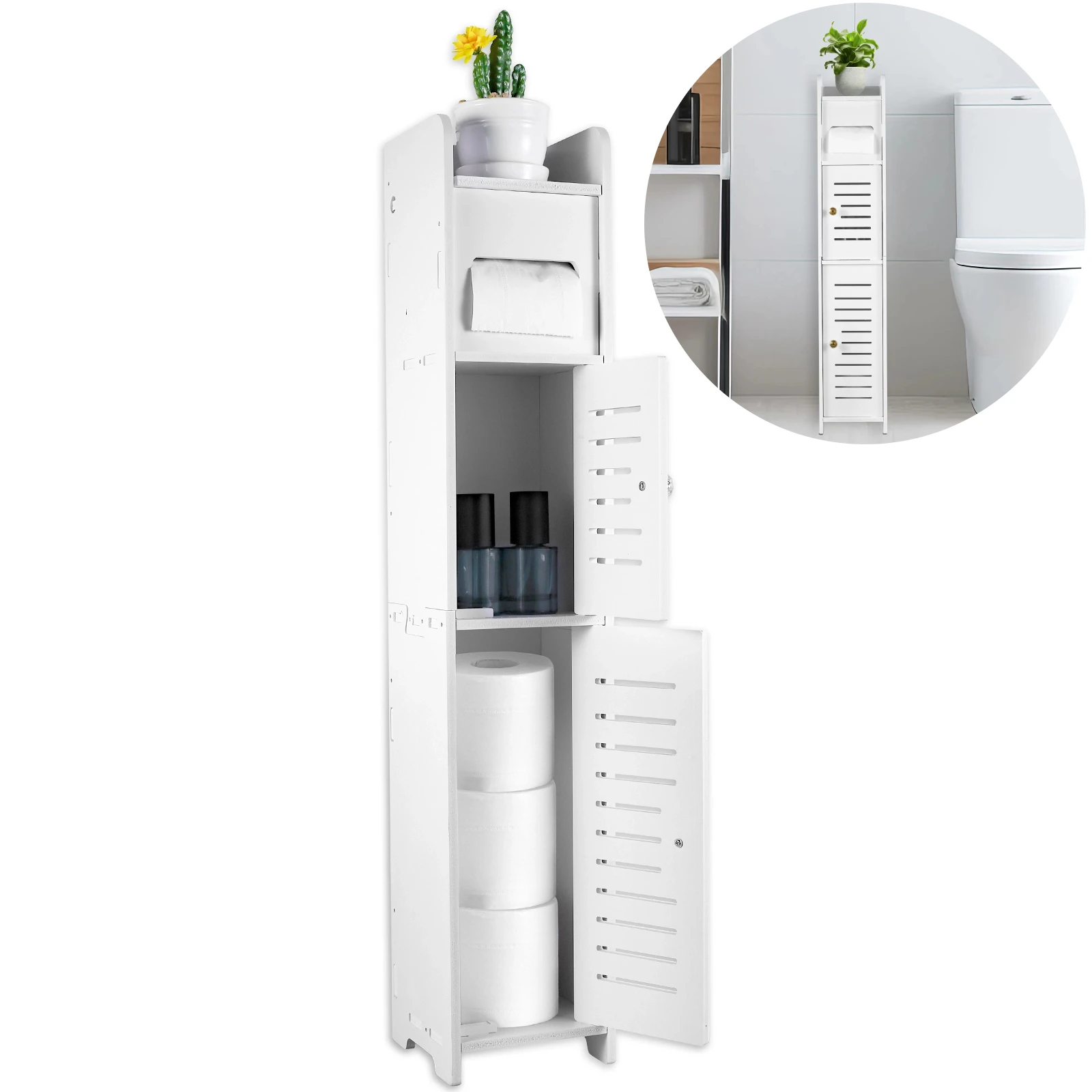 Badezimmer-Aufbewahrungsschrank, Boden-Badezimmer-Bodenschrank mit Tür und offenem Rahmen, 31,5 x 5,9 x 5,9 Zoll, Badezimmer-Aufbewahrungsschrank