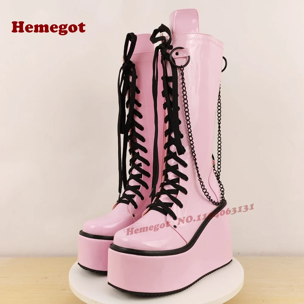 Rosa glänzende Gothic-Kniehohe Stiefel mit runder Spitze, Spleißkeile, Schnürung, lange Damenstiefel, seitlicher Reißverschluss, High Heels, Runway-Schuhe Image