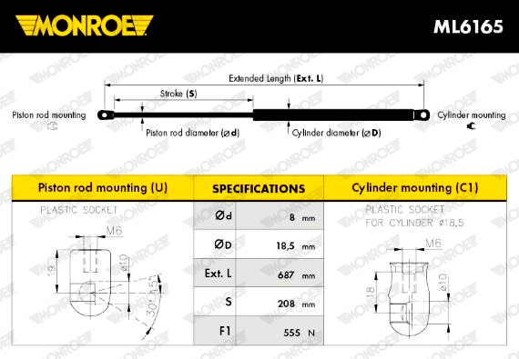 MONROE Gasfeder, Koffer-/Laderaum 555N für FORD AM51-R406A10-AB ML6165 Image