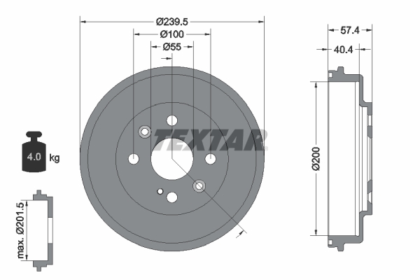 TEXTAR Bremstrommel hinten rechts links für MAZDA DF7126251 DA6A26251A 94038400 Image