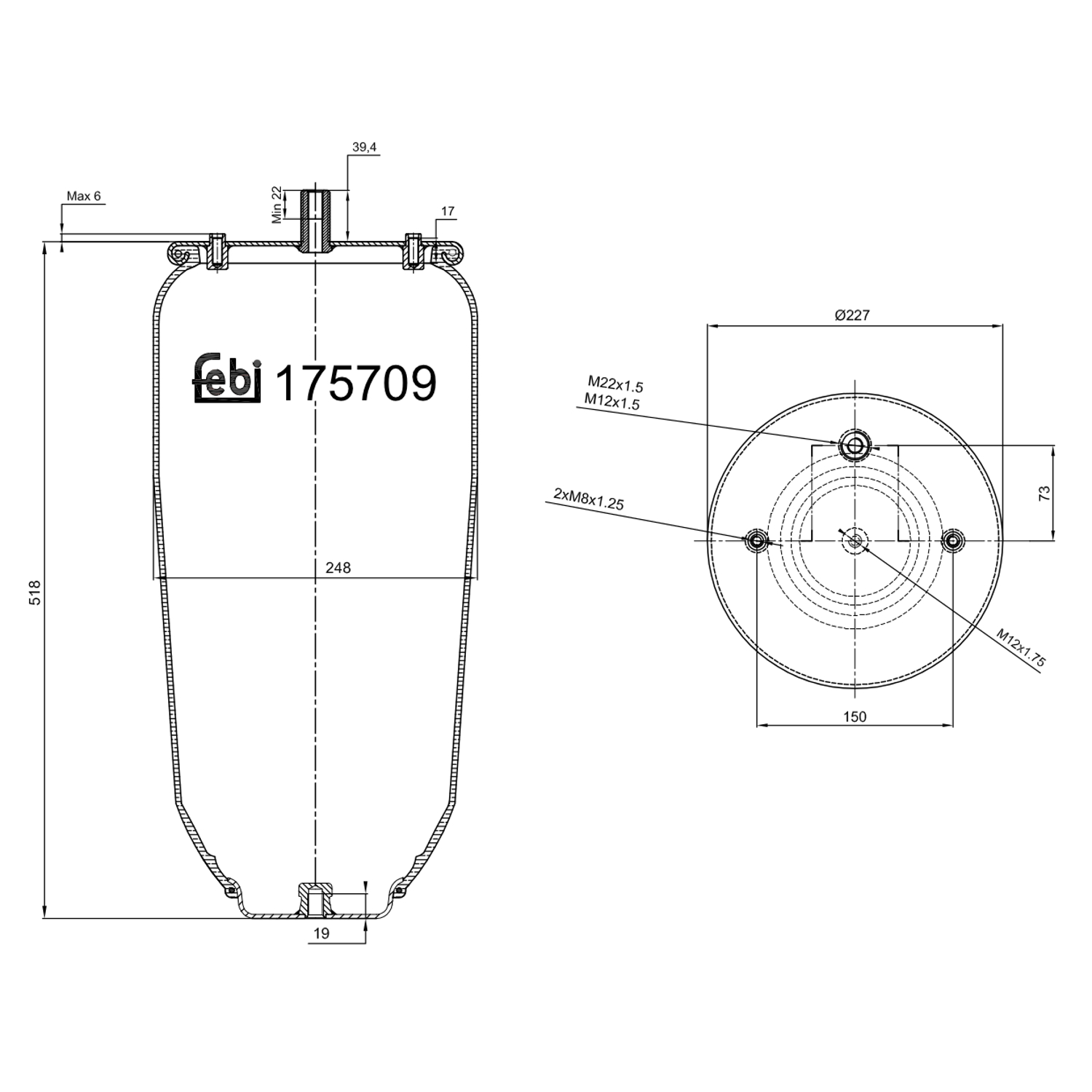 FEBI BILSTEIN Federbalg, Luftfederung 175709 Universal ohne Kolben 228mm Image