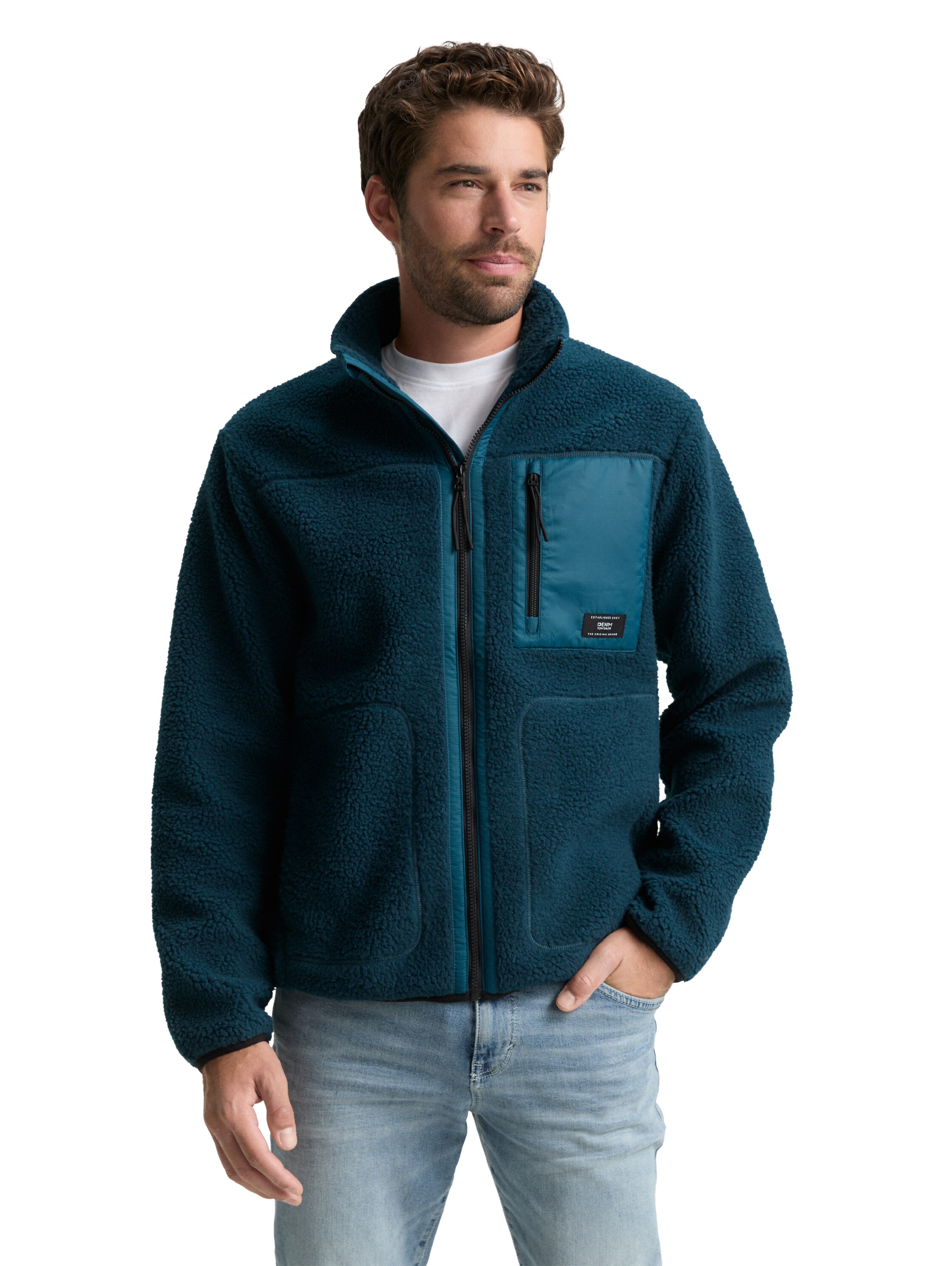 Fleecejacke TOM TAILOR DENIM, Herren, Gr. M, deep pond grün, Fleece, Obermaterial: 100% Polyester. Futter: 100% Polyester, unifarben, regular fit taillenbedeckt, elastischer Bund, Jacken Fleecejacke, mit Logo Stickerei