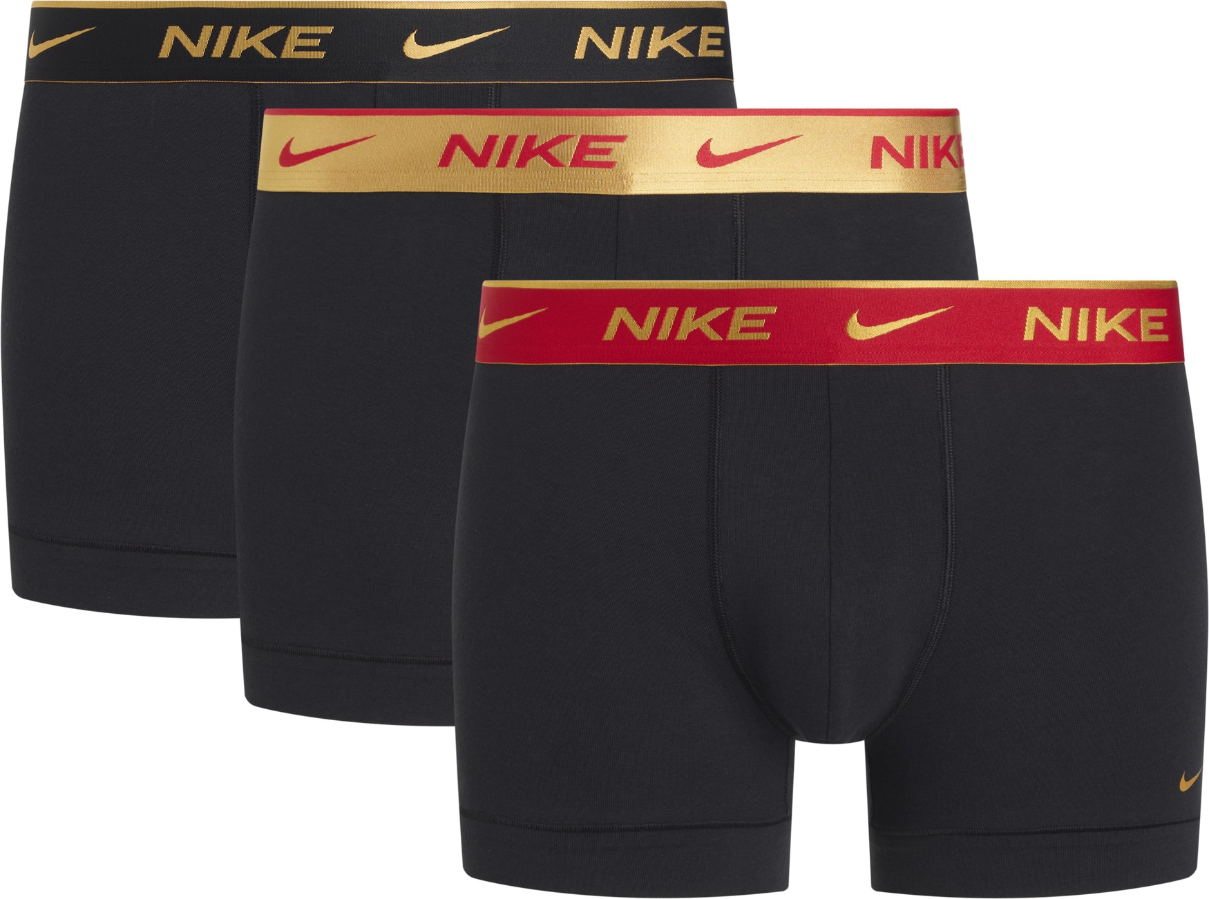 Trunk NIKE UNDERWEAR "TRUNK 3PK", Herren, Gr. XL, blk uni rot, wheat gld, blk hig sh wb, Jersey, Obermaterial: 95% Baumwolle, 3% sonstige Fasern, 2% Elasthan, kontrastfarbene Details, unifarben, körpernah, Unterhosen, mit farbigem NIKE Logo-Elastikbund Image