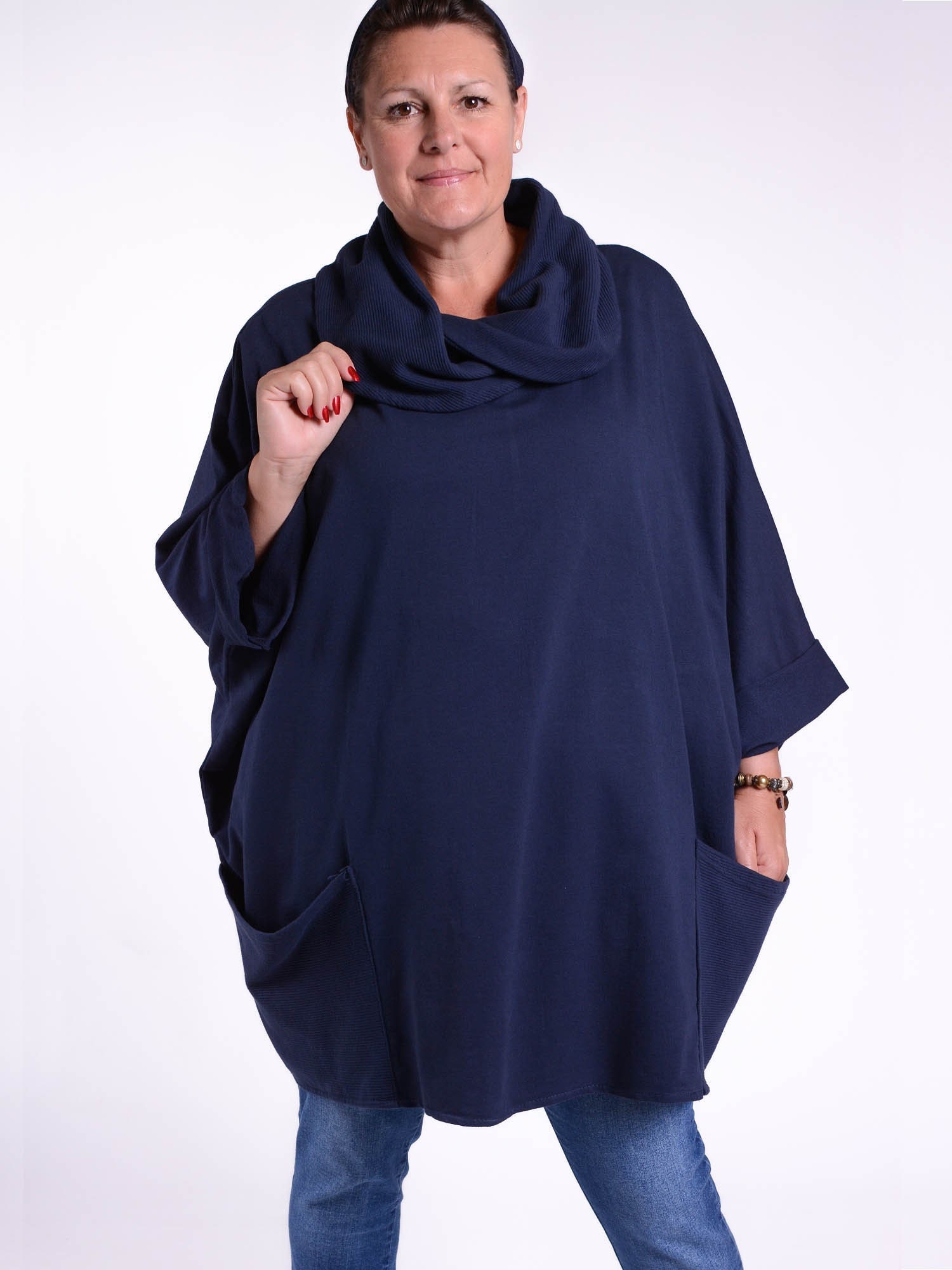 Damen Lagenlook Jersey Baumwolle Tunika Top mit Wasserfallausschnitt, Made in Italy, Große Grösse 26 28 30 32, Schwarz, Rot, Grau, Grau 9822