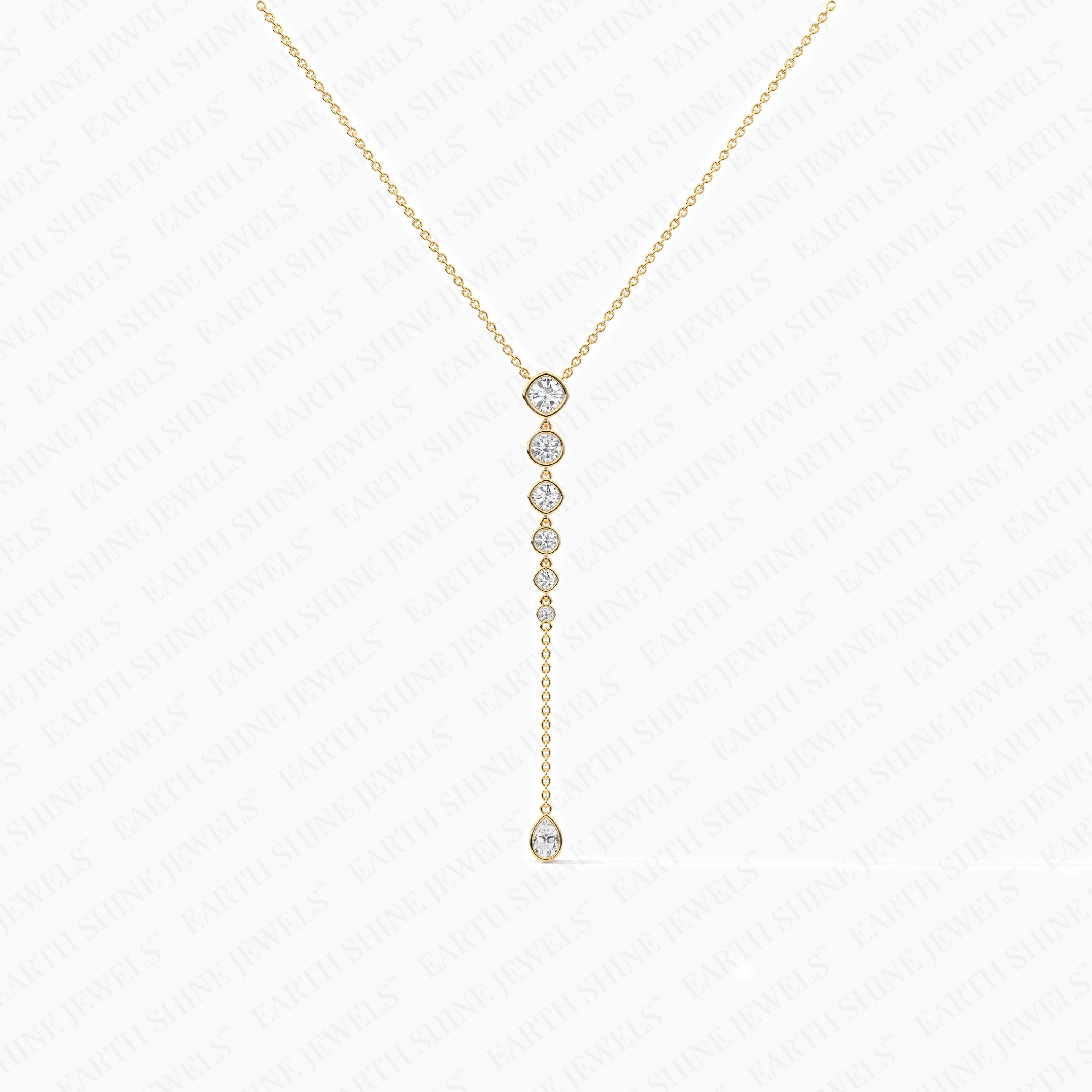 Klassische Kissen und runde Moissanit Lariat Halskette, 14k, 18k Solid Gold und Lab-grown Diamant Statement Halskette, Diamant Tropfen Halskette