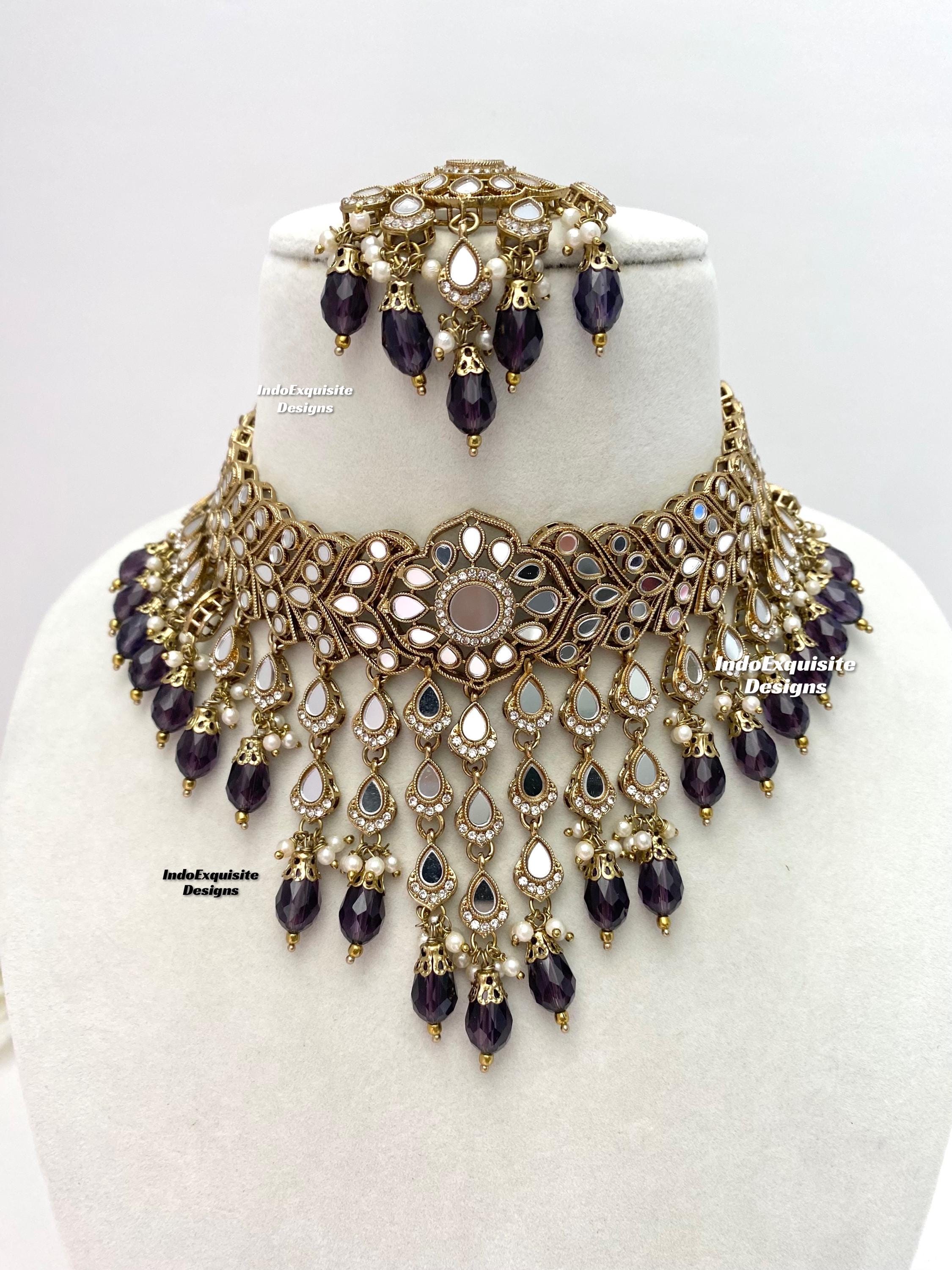 Elegantes antikes Gold Basis Spiegel Choker Set / indischer Schmuck / hochwertiger Spiegel Kundan Schmuck / einzigartiges Wasserfall Choker Set / Jami