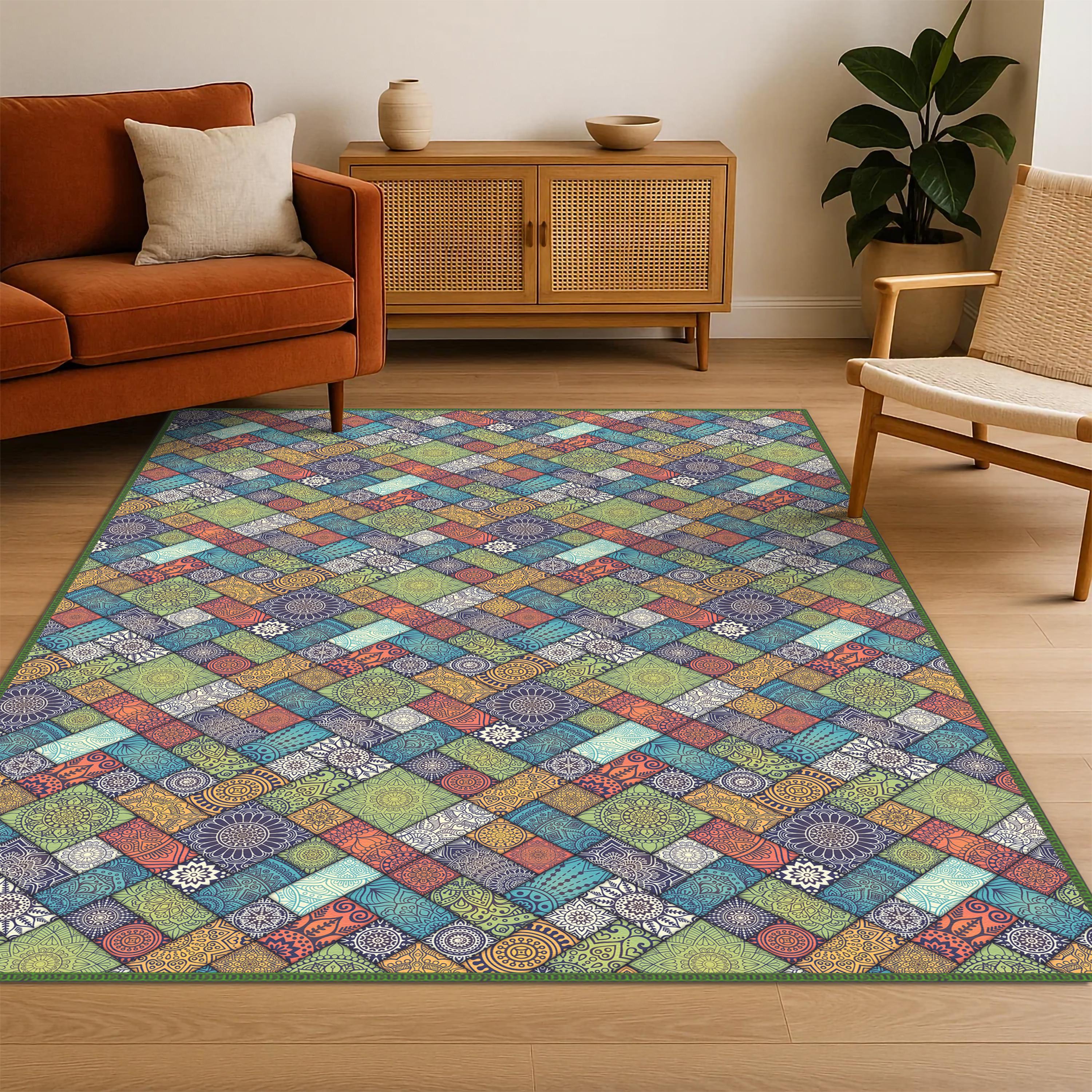 Mandala Kunst Teppich, Patchwork Wohnzimmer Teppich, Grüner Ethnischer Tribal Teppich, Mandala Teppich, Geometrischer Patchwork Teppich, Mehrfarbiger