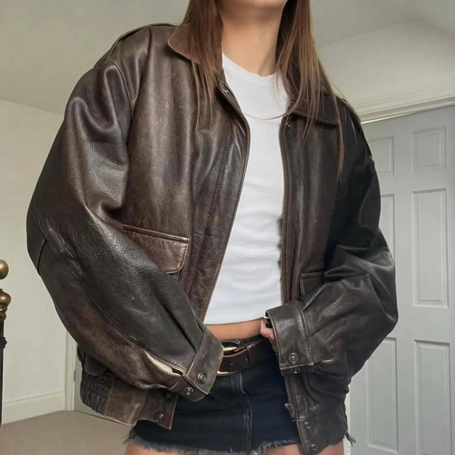 Women's Distressed Oversized Genuine Real Leather Jacket | 90's Vintage Brown Boxy Fit Streetwear Bomber Jacket | Distress Aviator Outwear