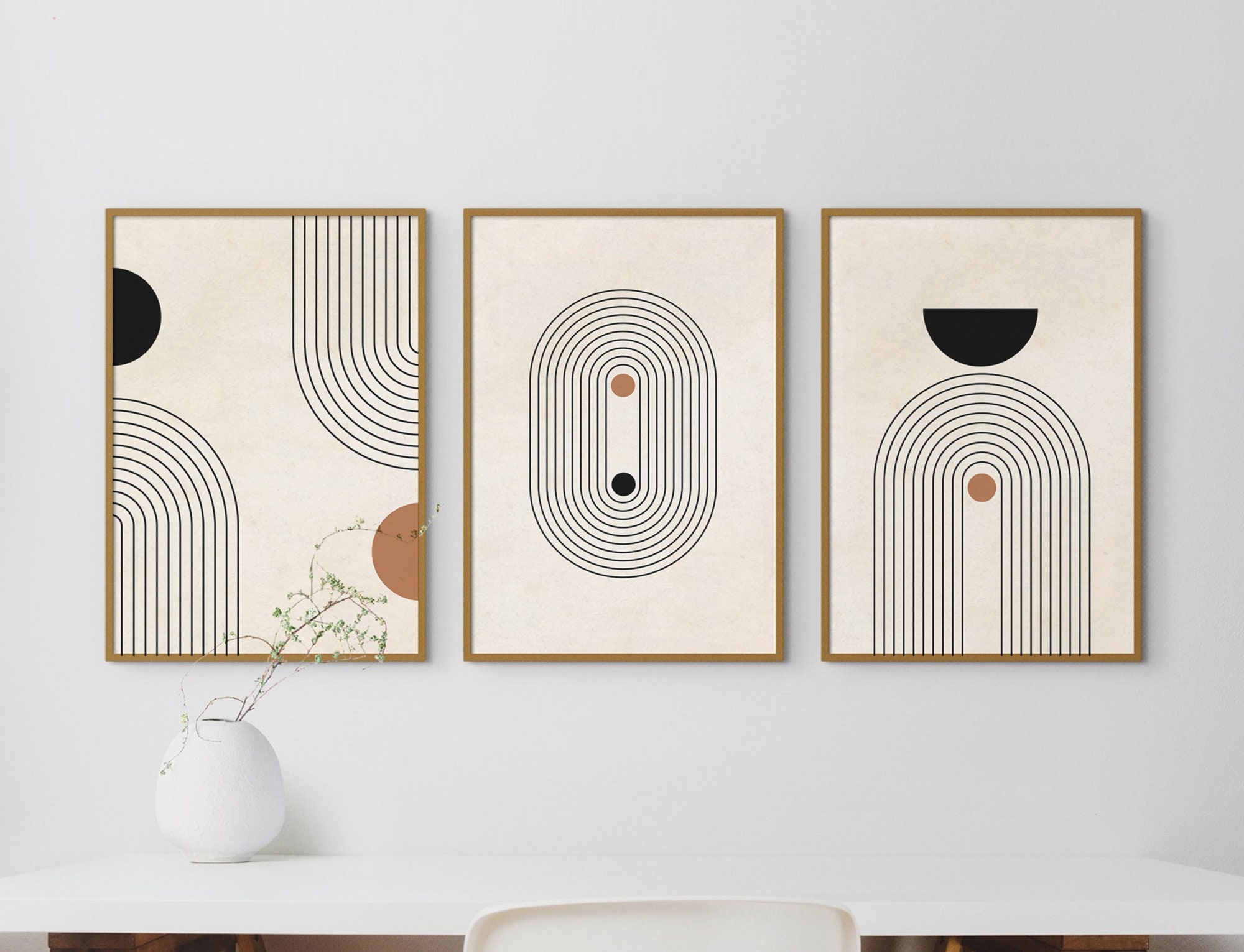 Mid Century Moderne druckbare Wand Kunst 3er Set, Neutrale Abstrakte Geometrische Digital Download Drucke, Schwarz Abstrakte Kunst Set, Minimal Art