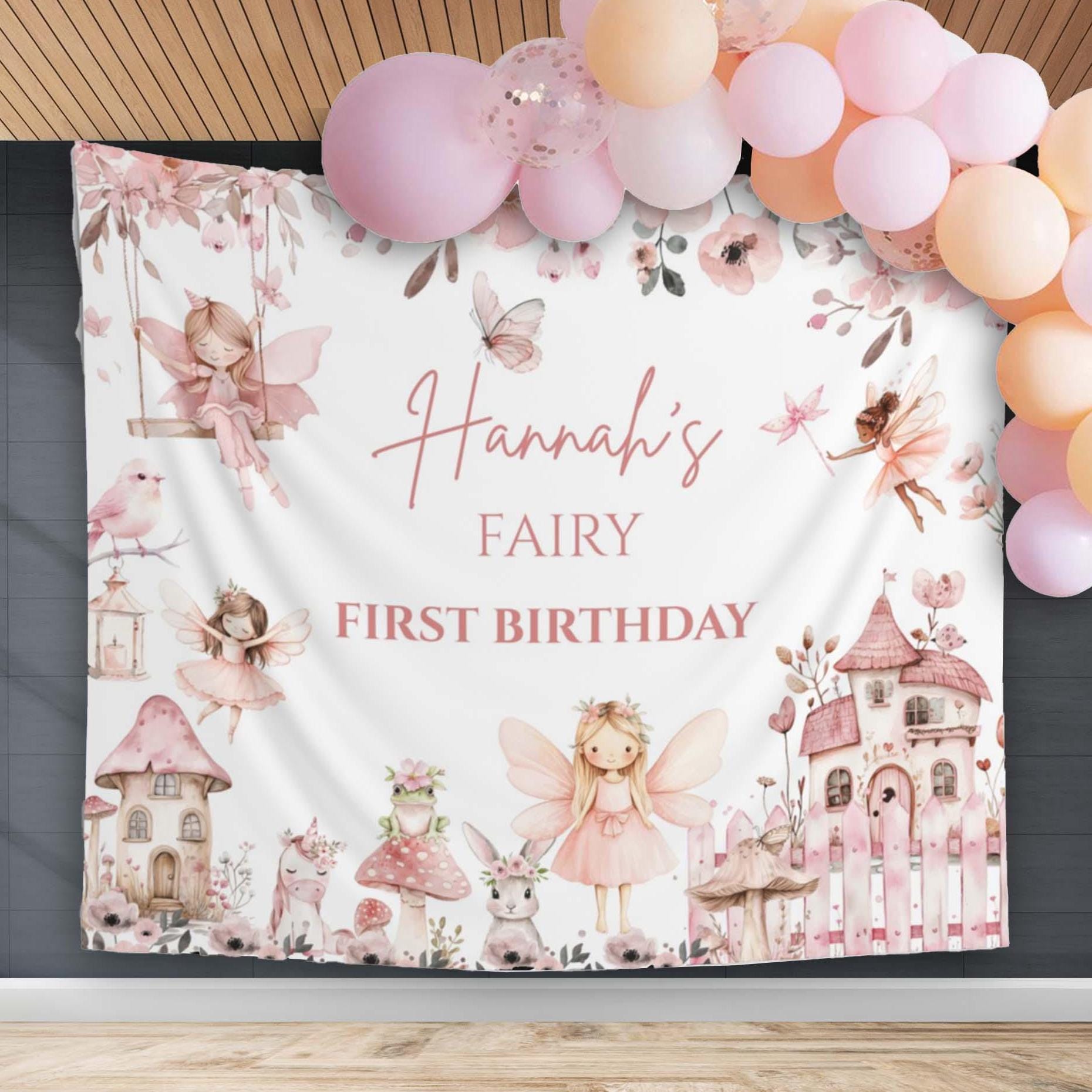 Fee erster Geburtstag Dekor Mädchen Boho Fee 1. Geburtstag Hintergrund verzauberte Garten Fee Banner blush Blumen Hochstuhl Photobooth Pilz