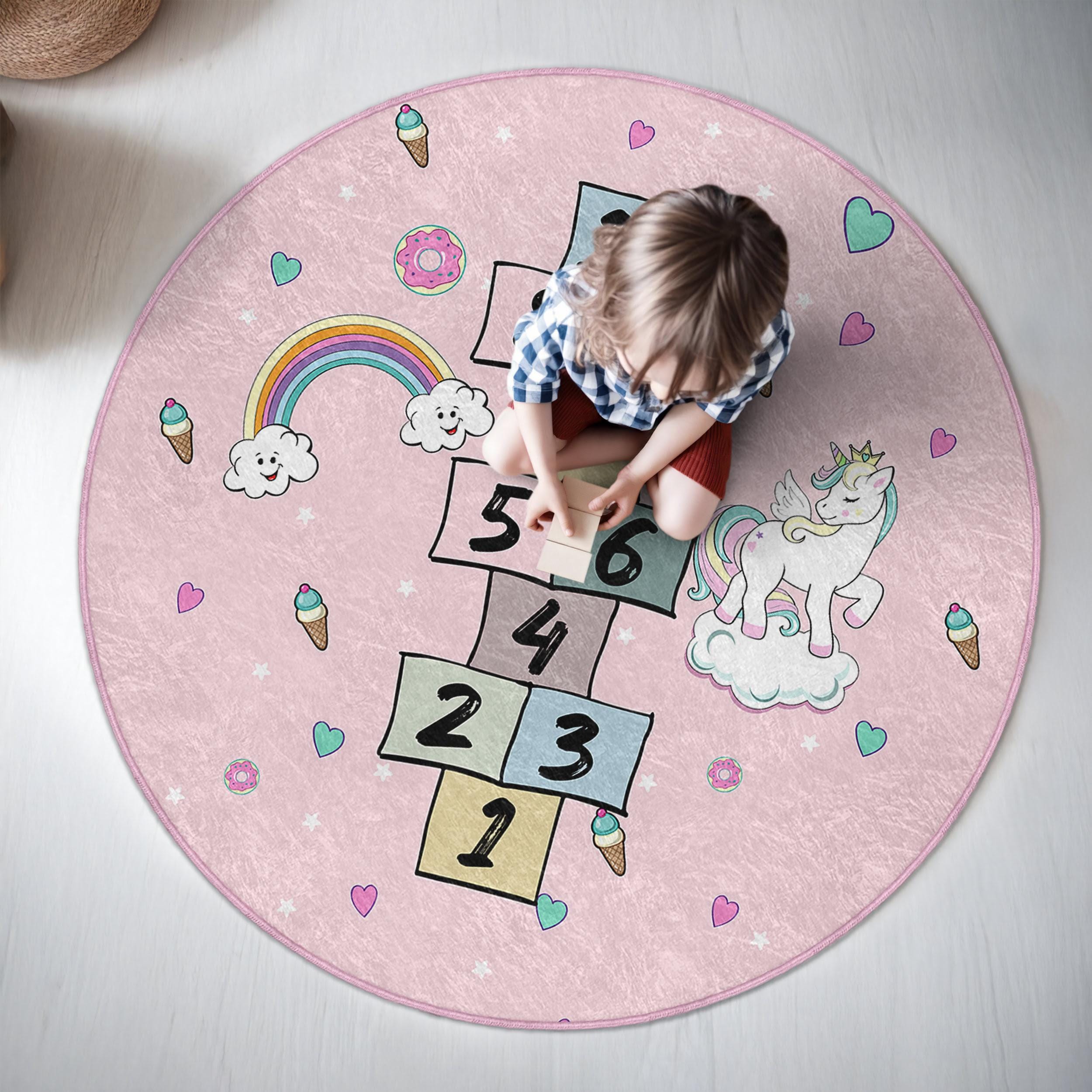Regenbogen Einhorn Rosa Kreis Teppich - Hopscotch Eiscreme Dekor Teppich - Kinderzimmer Runder Teppich - Fantasy Spielzimmer Matte - Kinderzimmer Zaub