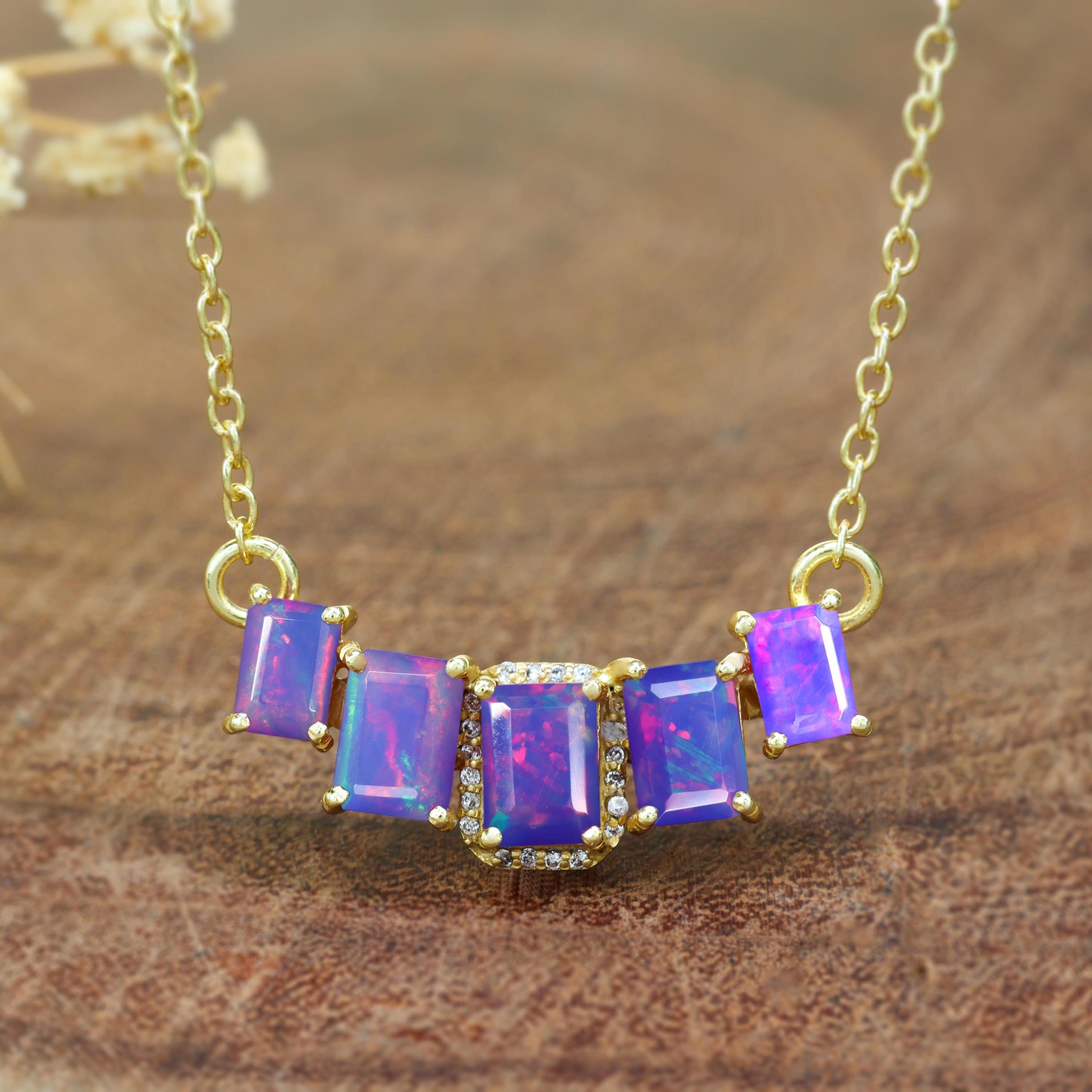 Achteck Lavendel Feuer äthiopische Opal Bar Anhänger Halskette, Goldkette Halskette, 5 Opal Stein Halskette für Frauen, AAA äthiopische Opal Halskette