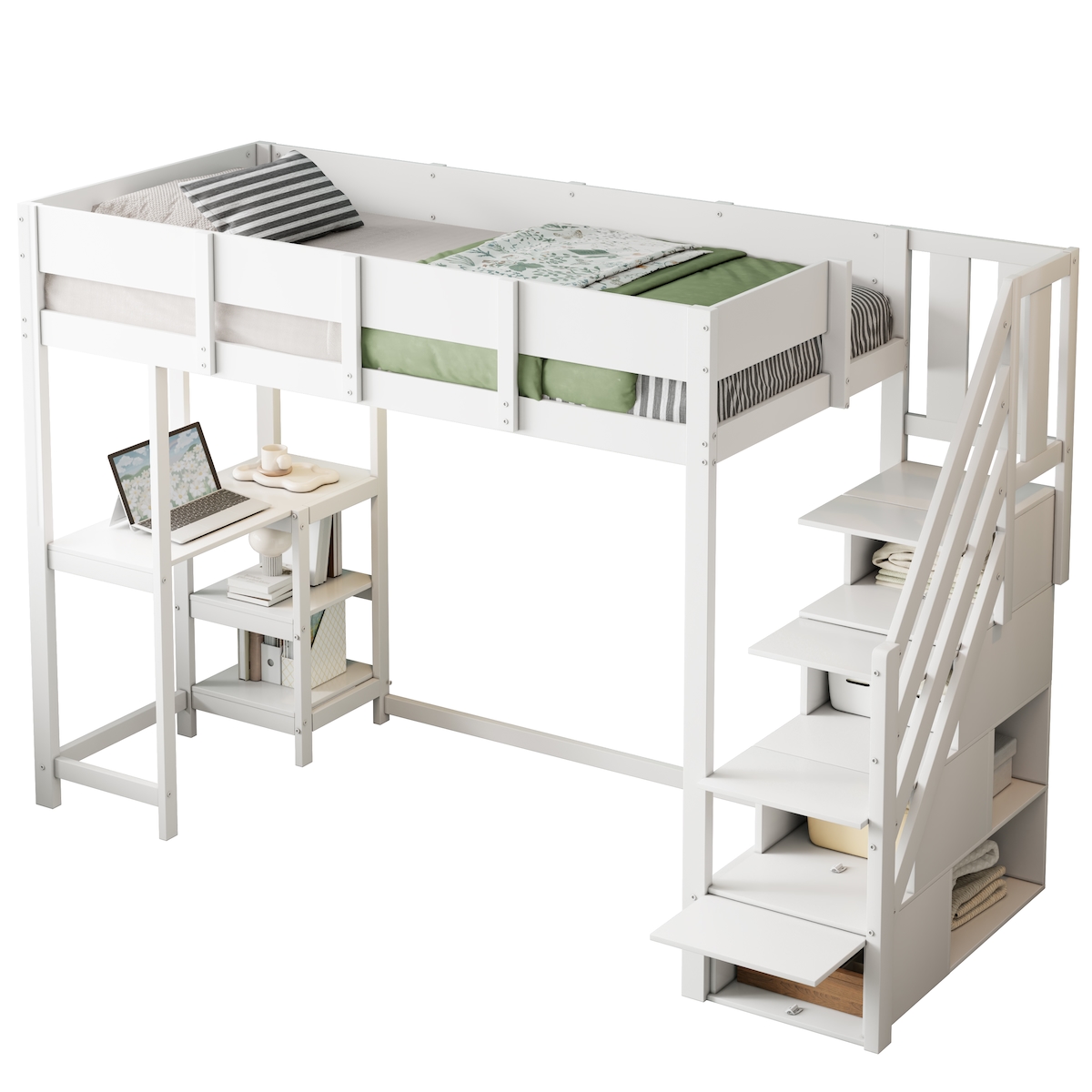 OKWISH Multifunktionales Etagenbett 90x200 Kiefernholz Hochbett mit Stauraum Ablage Schutzgitter platzsparend modern Weiß Image