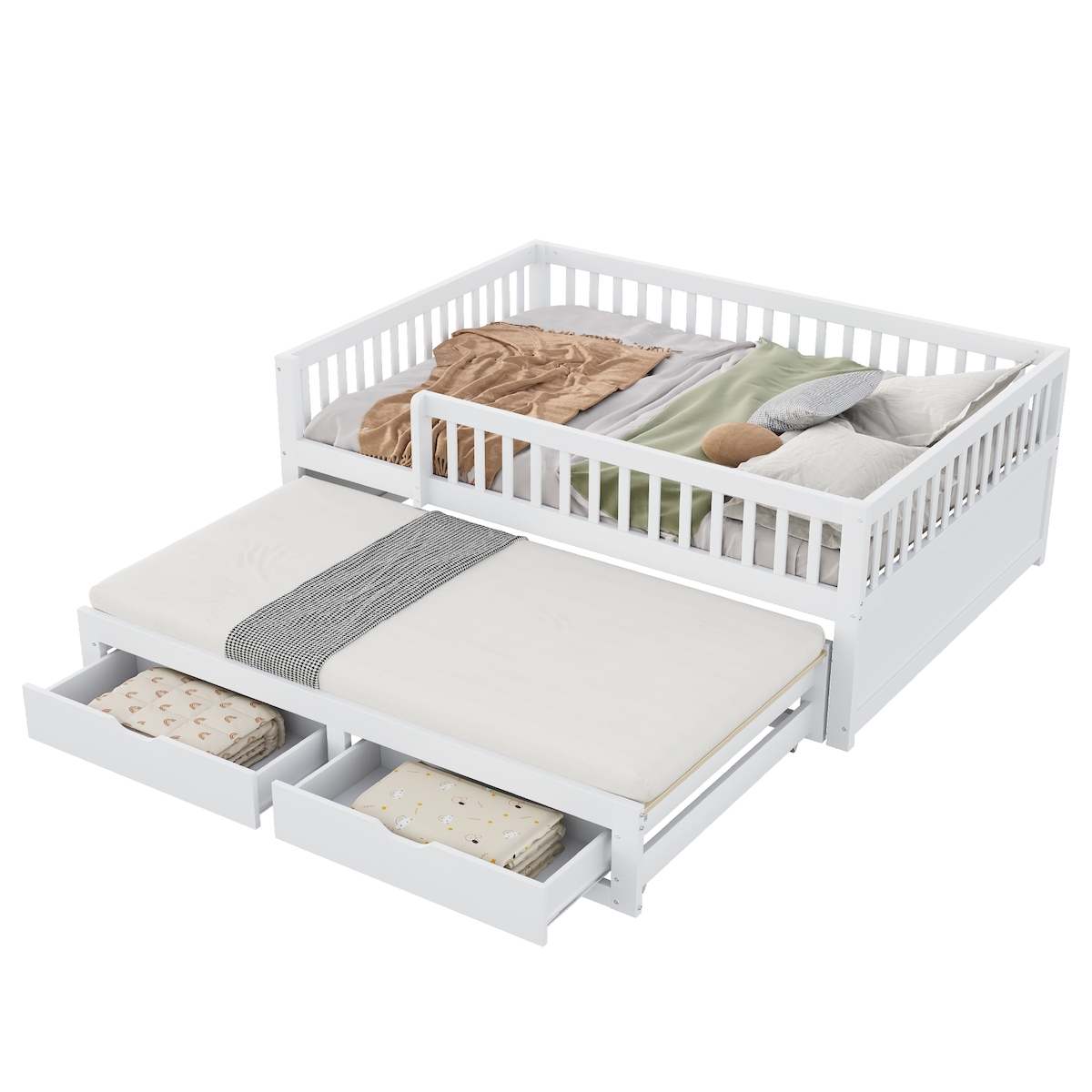 OKWISH Massivholz-Schlafsofa 140x200 mit Ausziehbett Sicherheitsgitter 2 Schubladen Stauraum Funktionsbett platzsparend stabile Konstruktion Weiß Image