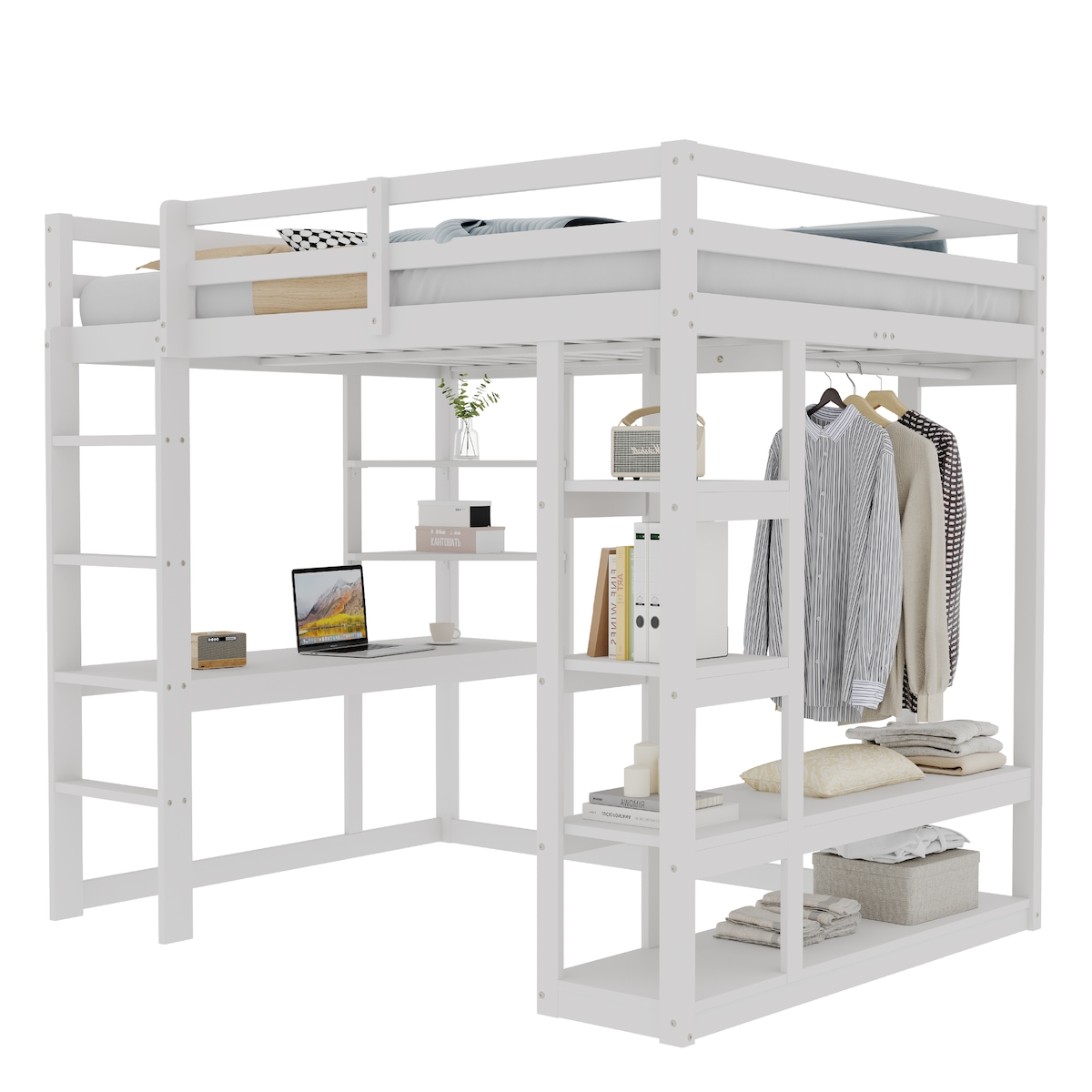 OKWISH Hochbett 140x200 aus Massivholz mit integriertem Schreibtisch Regalen Stauraum platzsparend Funktionsbett stabile Konstruktion Weiß Image