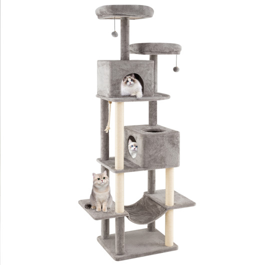 Costway 84 Inch Large Cat Tree with 2 Condos and 2 Soft Plush Perches for Indoor Cats-Gray