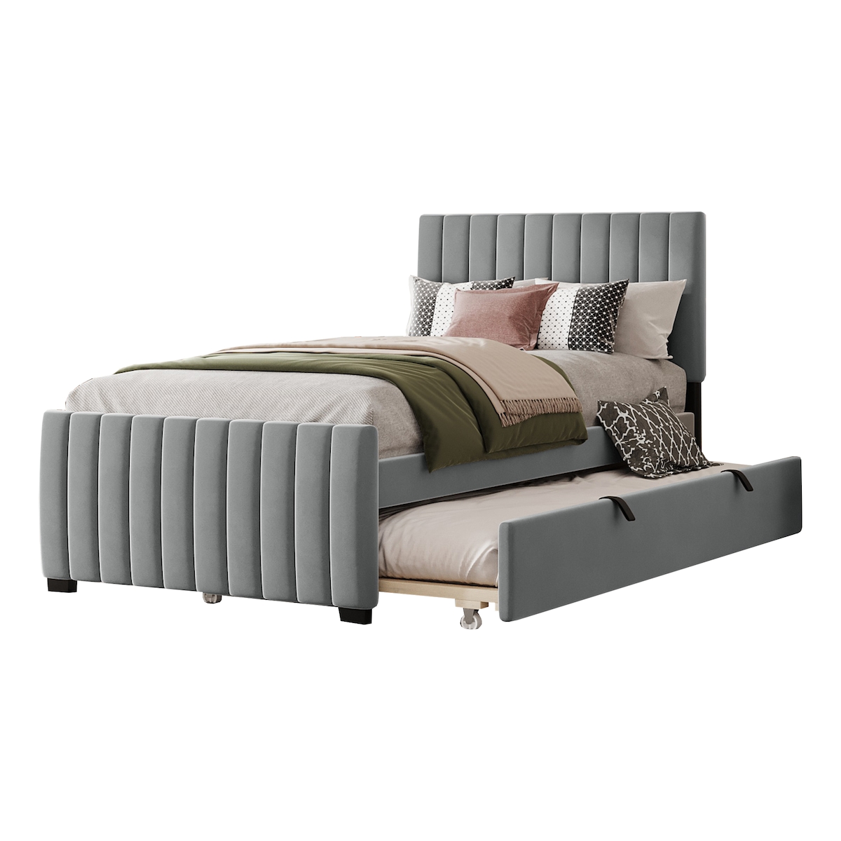 OKWISH Polsterbett Doppelbett Ausziehbett Schlafsofa Samtstoff Komfortables Kopfteil Stauraum Holz Metall robust modern 90x190 Grau Image