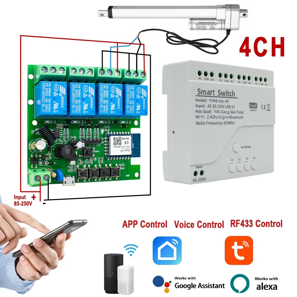 Tuya Relais 4CH Smart Home Schalter Motor Trockenen Kontakte Modul 12V 24V 220V RF 433 radio Fernbedienung Arbeit Mit Alexa Google Hause Image