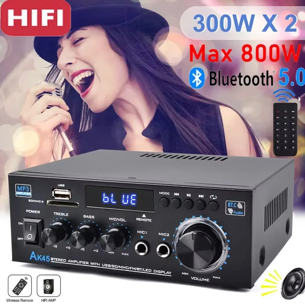 HiFi-Soundverstärker, digital, 600 W, Spitzenleistung, 2 Kanäle, digitales Audio, Bluetooth, Karaoke-Verstärker, FM-Radio, unterstützt Fernbedienung Image