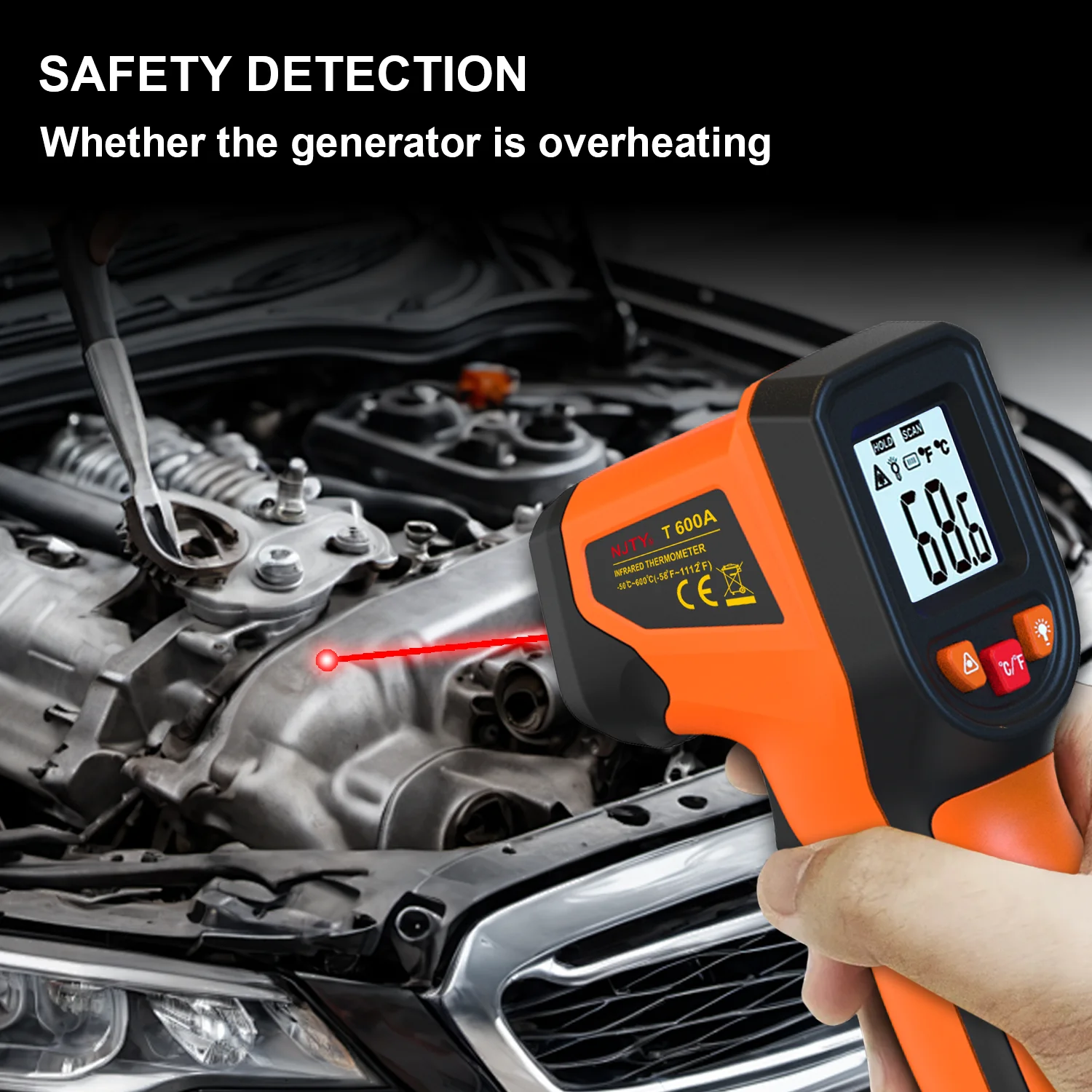 NJTY T600 T600A Termometro a infrarossi Sensore pistola di temperatura laser Palmare senza contatto IR-LCD Calore Pirometro industriale 600 ° C
