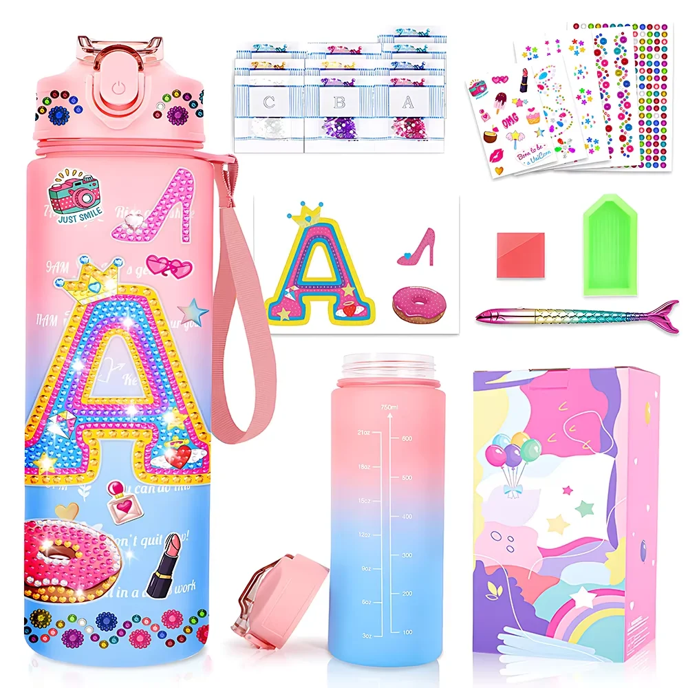 1 Set dekorieren Sie Ihre eigenen Wasserflaschen-Sets für Mädchen im Alter von 4–6–8–10, Diamantmalerei-Bastelbecher, lustige Kunst- und Bastelgeschenke für Mädchen Image