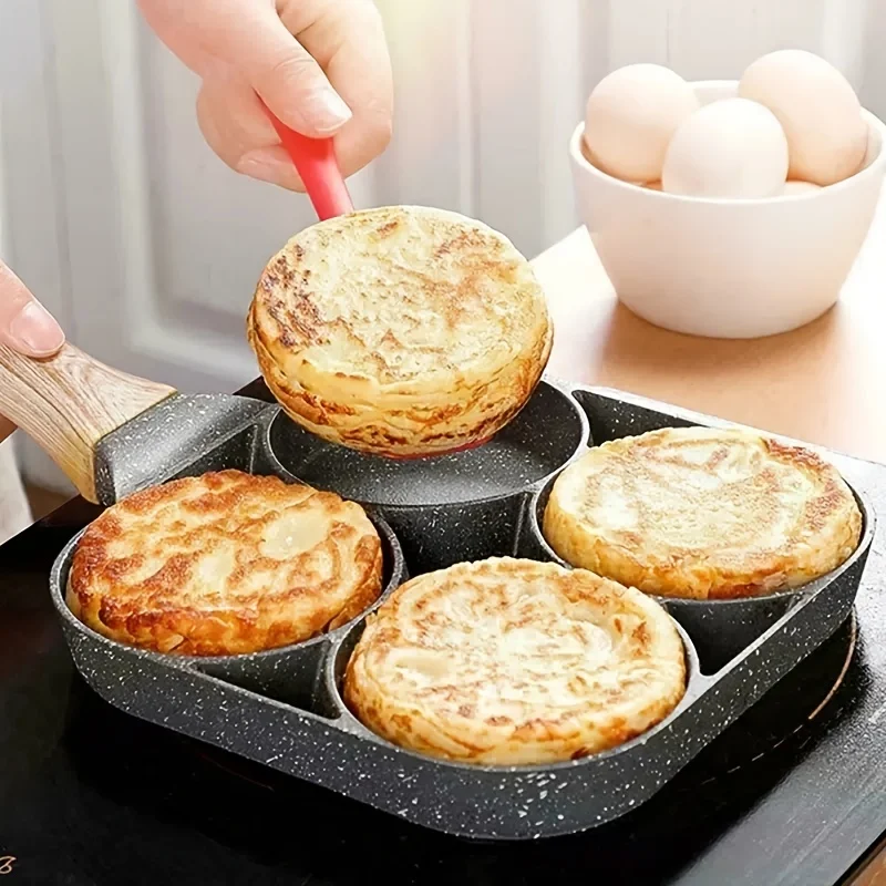 1pc Egg Burger Pan, Flat-bottomed Four-hole Frying Pan, Tourmaline Non-stick Pancake Breakfast Pan, Three-in-one Egg Frying Pan