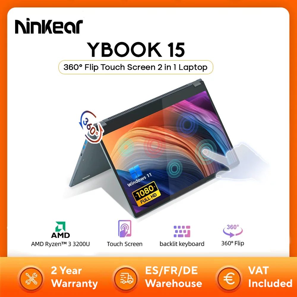 Ninkear YBOOK15 Laptop 2 in 1 360 ° Flip 15,6' FHD IPS Touchscreen Tablet AMD Ryzen ™ 3 3200U 16G DDR4+512 GB SSD Windows 11 Pro Image