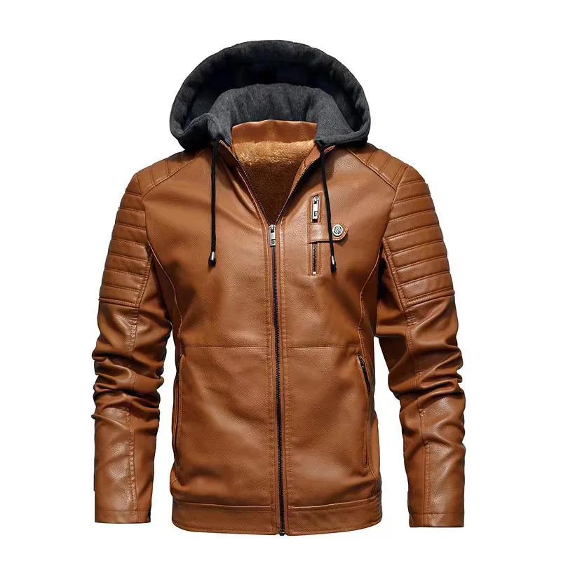 Locomotive Leather Jacket Autumn And Winter Men's Fleece Thickened Hooded Zipper Leather Jacket Stand-up Collar Jacket
