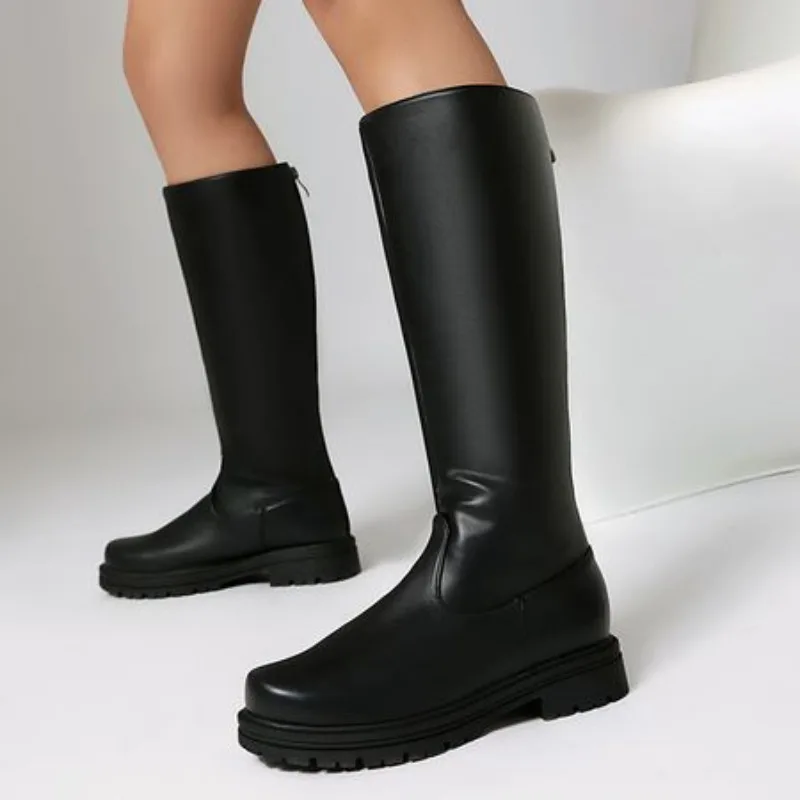Retro Schwarz Dicken Boden Lange Stiefel Frauen 2025, Herbst Pu Leder Kniehohe Stiefel Frau Plus Größe 44, Seite Zipper Plattform Schuhe