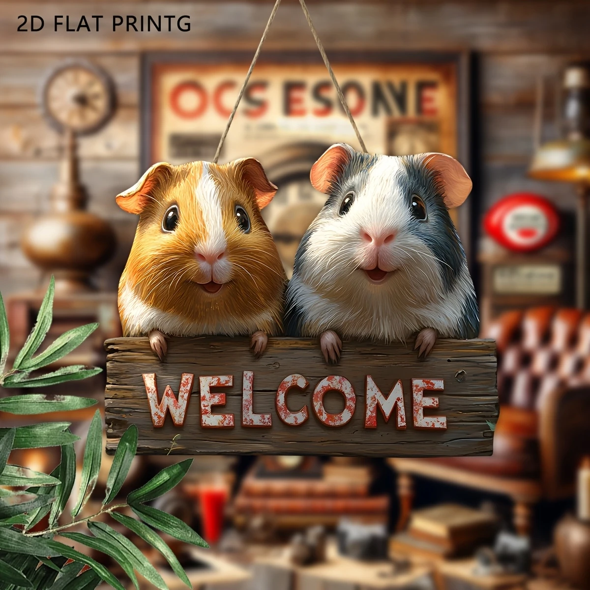 2D Flaches Meerschweinchen Willkommen Holz Wandbehang Schild Einfaches Bauernhaus Cavia Procellus Stil Decora Familie Garten Torpost Decora