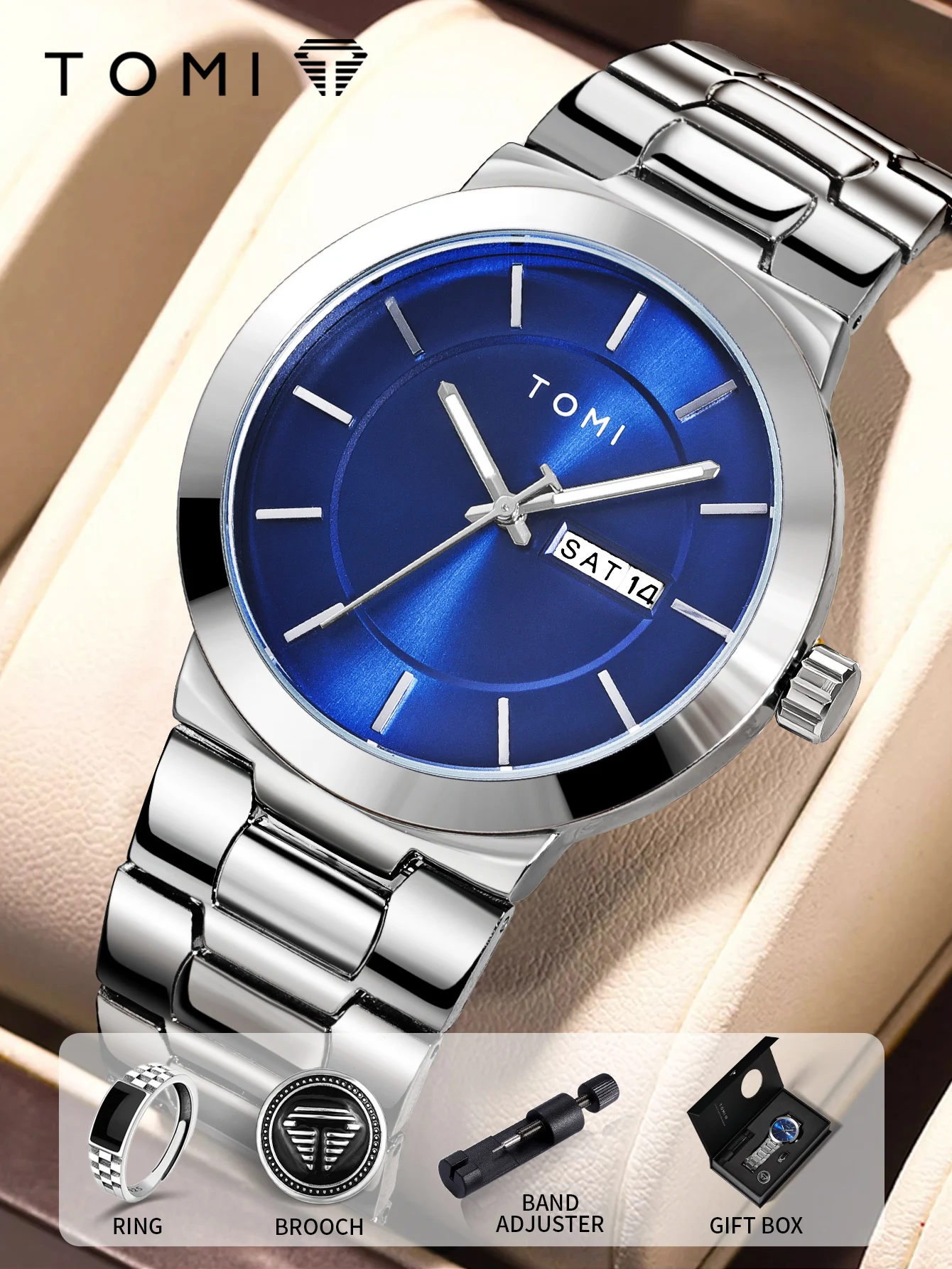 TOMI luxe affaires montre pour hommes coffret cadeau boîte à revers à la mode Simple multi-fonctionnel montre à Quartz montre pour hommes de noël