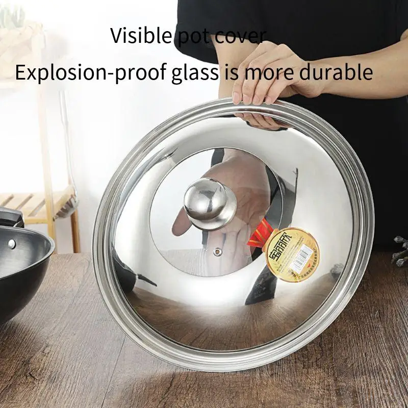 Explosionsgeschützter, sichtbarer Glasdeckel, lebensmittelechter, nicht magnetischer Edelstahldeckel, Bratpfanne mit flachem Boden, großer Deckel 30 cm–40 cm. Image