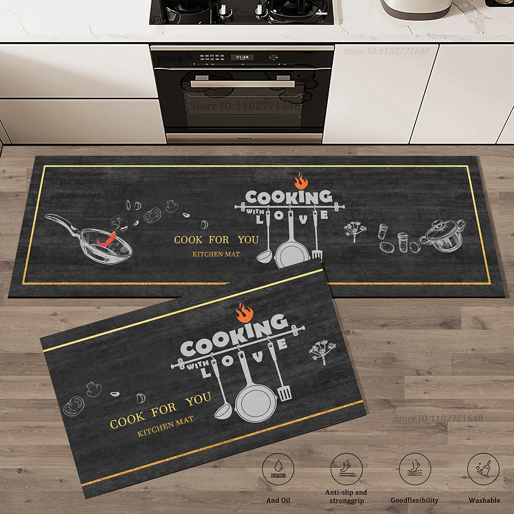 Kitchen Corner Floor Mat Waterproof Carpet Non-slip Foot Mats Long Carpets Rug Black Plaid Home Decoration Rugs Washable Mat