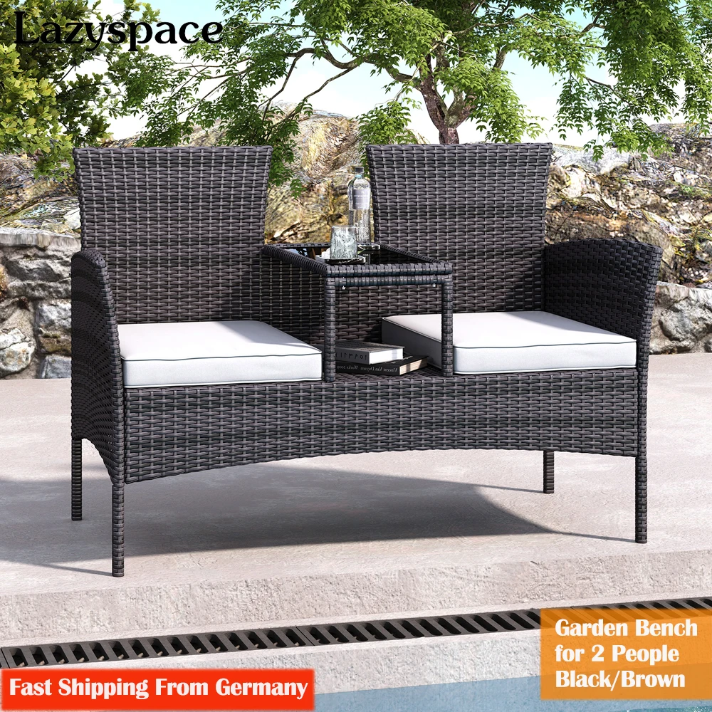 Banc de jardin Lazyspace avec table intégrée, chaise en rotin, ensemble de meubles de jardin 2 places avec coussin, pour balcon et cour, noir
