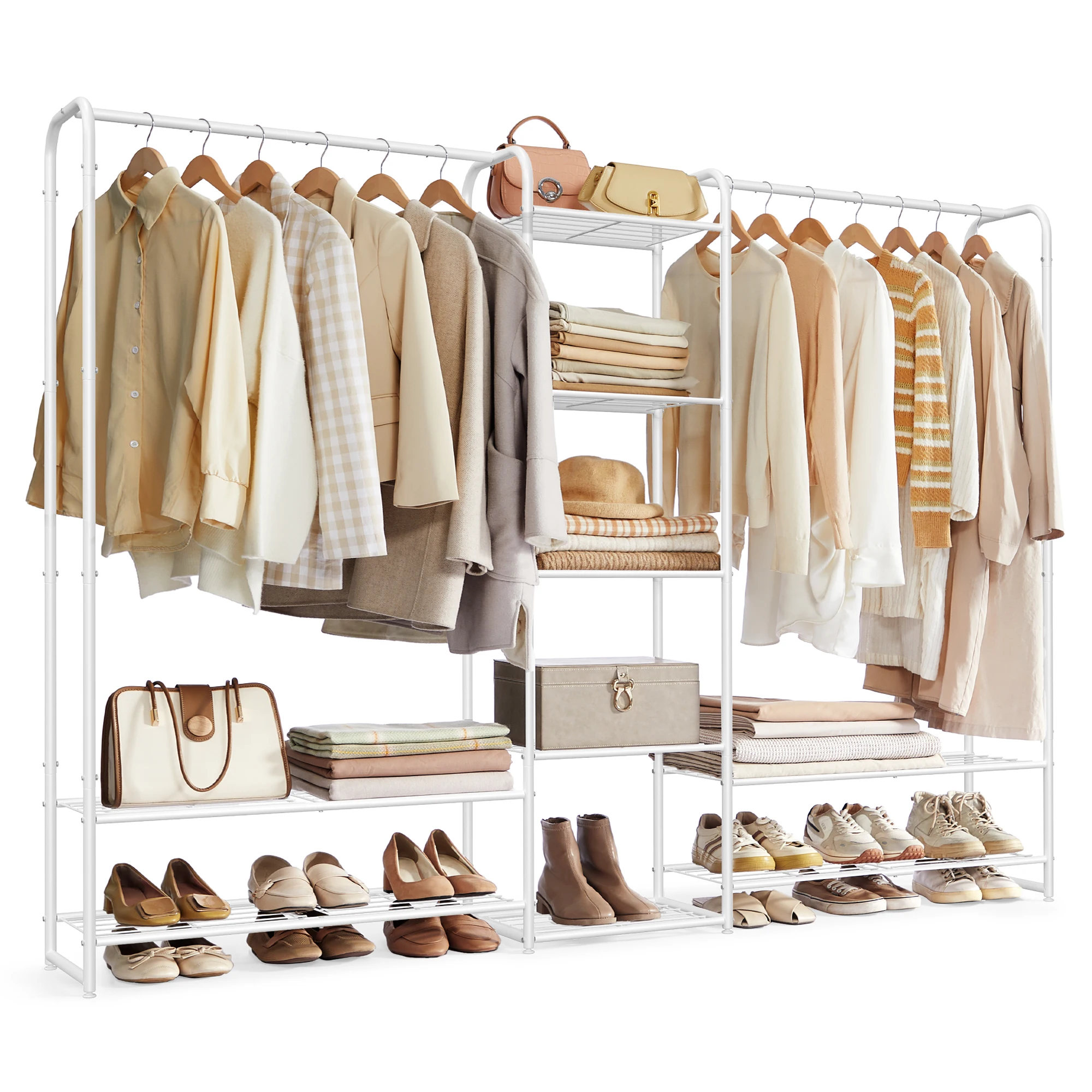 SONGMICS Kleiderständer, offener Kleiderschrank, Kleiderstange, Garderobenständer mit Ablagen, Garderobe aus Metall, freistehend